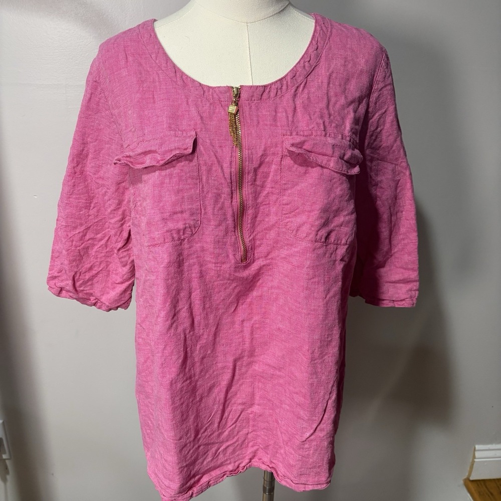 Ellen Tracy Linen Blend Pink Blouse Front Zip 3/4 Sleeve Sz L Nautical Preppy